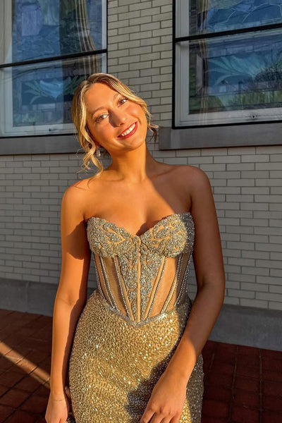 Gorgeous Mermaid Sweetheart Gold Sequins Long Prom Dress with Beading AB24121703