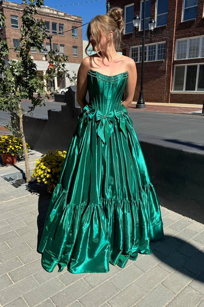 Cute A Line Strapless Dark Green Satin Prom Dresses AB24102803