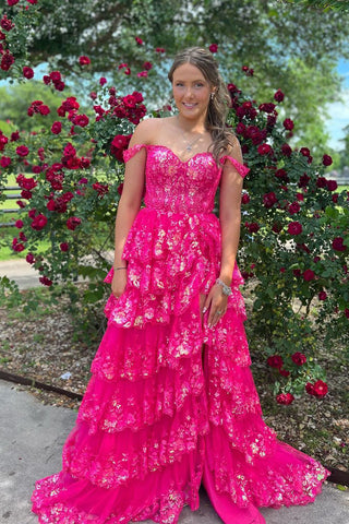 Cute A Line Sweetheart Pink Sequins Tiered Long Prom Dresses with Slit AB24070808