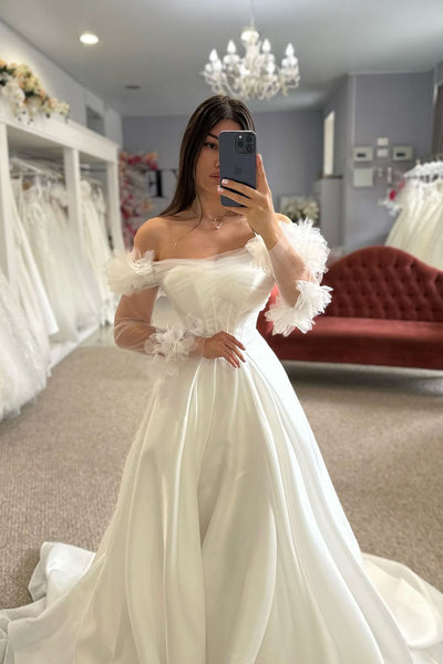 Fairy A Line Off the Shoulder Satin Long Bridal Dresses with Sleeves AB24110204