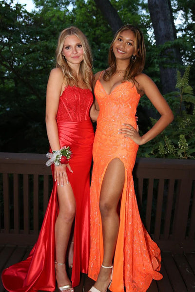 Cute Mermaid V Neck Orange Sequins Lace Long Prom Dresses AB24102908