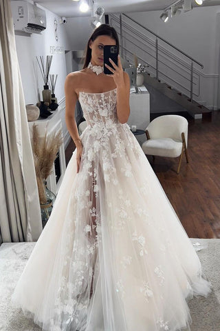 Fairy A Line Scoop Neck Tulle Wedding Dresses with Appliques AB4091603