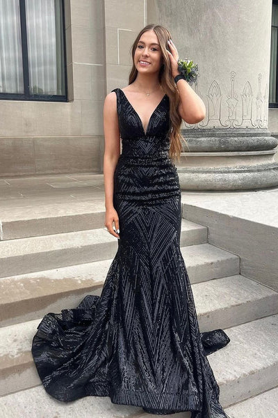 Charming Mermaid V Neck Black Sequins Long Prom Dresses AB24063006