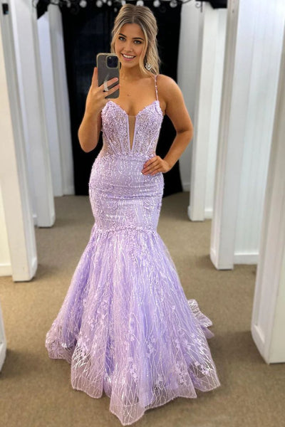 Grogeous Mermaid V Neck Lavender Tulle Long Prom Dresses with Appliques AB24112603