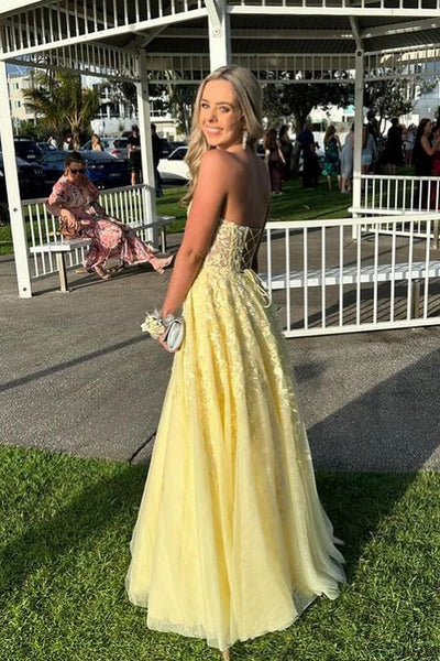 Cute A Line Sweetheart Daffodial Tulle Long Prom Dresses with Appliques AB24092603