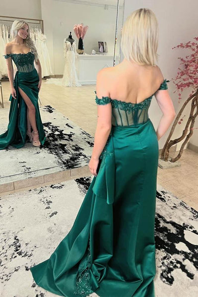 Charming Mermaid Off the-Shoulder Green Satin Prom Dresses with Beading