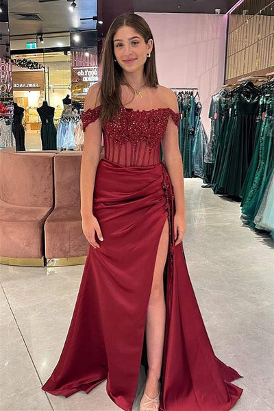 Charming Mermaid Off the-Shoulder Green Satin Prom Dresses with Beading