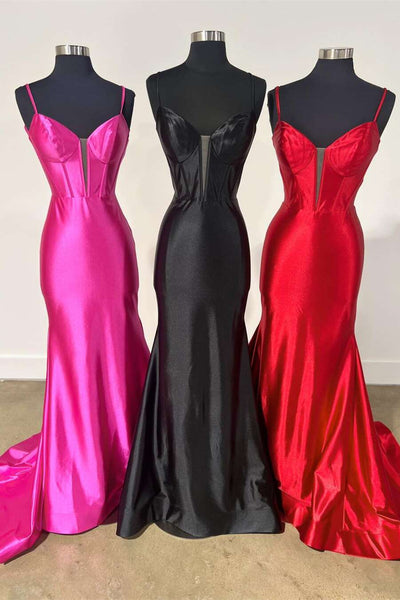 Cute Mermaid V Neck Fuchsia Satin Long Prom Dress