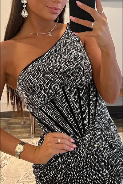 Charming Mermaid One Shoulder Black Beaded Prom Dress with Split