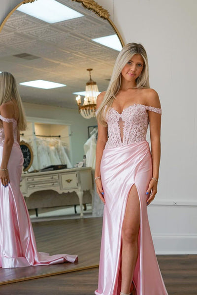 Eseld|Charming Mermaid Sweetheart Pink Satin Long Prom Dresses With Split