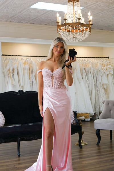 Eseld|Charming Mermaid Sweetheart Pink Satin Long Prom Dresses With Split