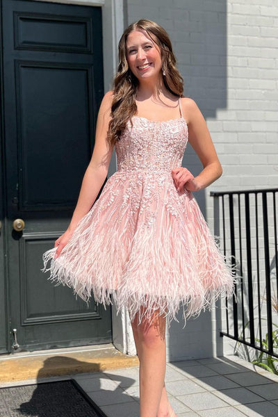 A-Line Scoop Neck Lace Appliques Short Homecoming Dresses with Feather AB4051901