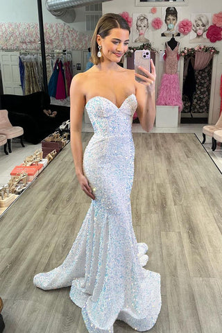 Sparkly Mermaid Sweetheart White Velvet Sequins Long Prom Dresses AB100304