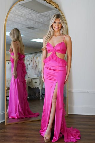 Cute Mermaid Sweetheart Fuchsia Satin Prom Dress with Slit AB25012707