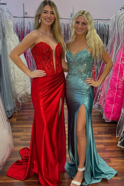 Cute Mermaid Strapless Red Sparkly Satin Prom Dress with Appliques AB24122505