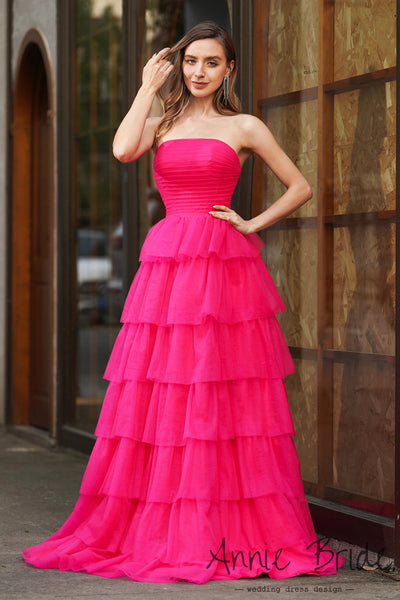 Cute Ball Gown Strapless Hot Pink Tiered Tulle Prom Dress AB24121207