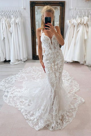 Elegant Mermaid V Neck Lace Wedding Dresses with Appliques AB24062901