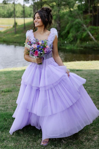 Unique A-Line V Neck Lilac Ruffle Tiered Tulle Long Prom Dress AB4052602