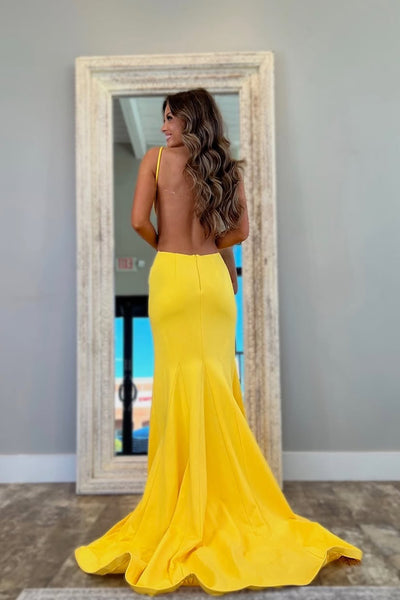 Cute Mermaid V Neck Yellow Elastic Satin Prom Dress with Bow AB25030202