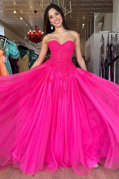 Cute Ball Gown Sweetheart Pink Tulle Long Prom Dresses with Appliques AB24102514