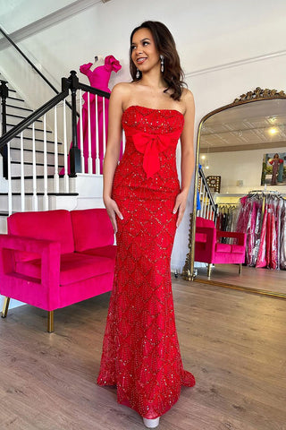 Charming Mermaid Strapless Red Sequins Lace Long Prom Dresses with Bow AB24111901