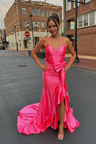 Cute Mermaid V Neck Hot Pink Satin Long Prom Dresses with Bow