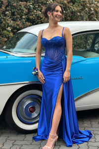 Charming Mermaid Sweetheart Royal Blue Satin Long Prom Dresses with Beading AB24101502