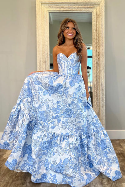 Cute A Line Sweetheart Light Blue Jacquard Satin Prom Dress AB24120305