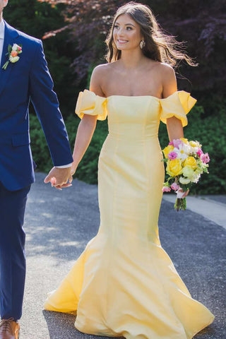 Cute Mermaid Strapless Yellow Satin Prom Dress with Bow AB24122409