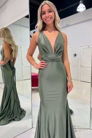 Charming Mermaid V Neck Oilve Green Evening Prom Dresses AB24102410