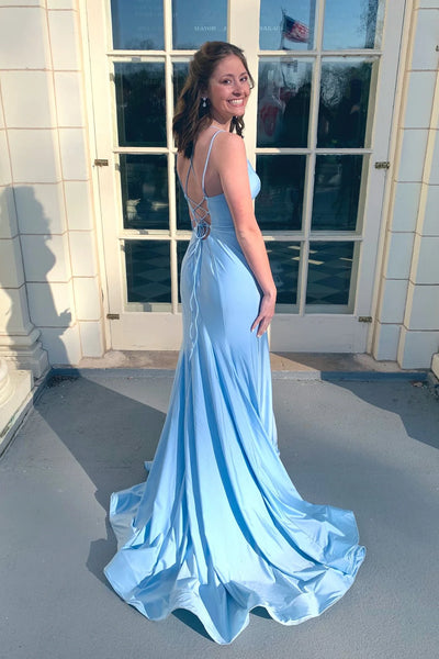 Cute Mermaid V Neck Blue Stretch Satin Long Prom Dress AB25020107