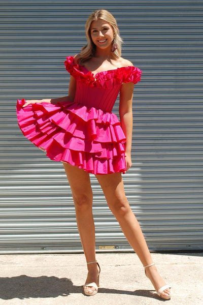 Fuchsia Off the Shoulder Ruffle Tiered A-Line Homecoming Dresses AB4060202