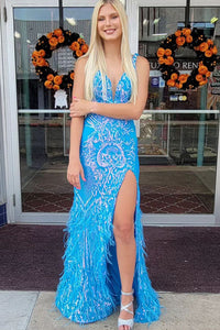 Cute Mermaid V Neck Blue Sequins Lace Long Prom Dresses with Feather AB092401