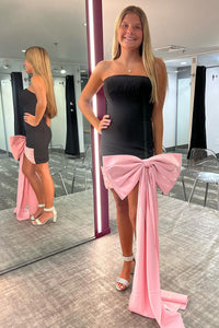 Cute Bodycon Strapless Satin Black Short Homecoming Dresses with Big Bow AB24070903