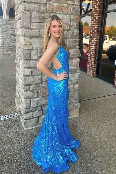 Unique Mermaid V Neck Blue Sequins Long Prom Dress with Slit AB24121708