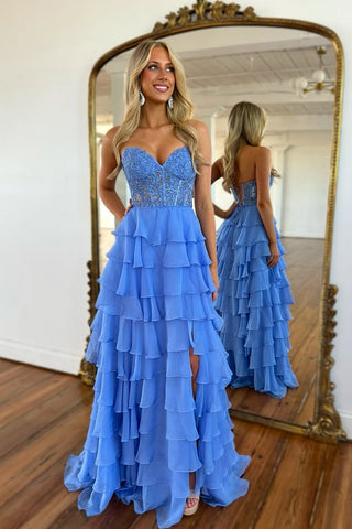 Cute A Line Sweetheart Blue Chiffon Tiered Prom Dress with Slit AB25013107