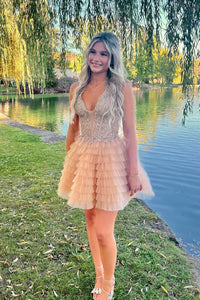 Cute A Line Halter Champagne Tulle Short Homecoming Dresses with Appliques AB24092608