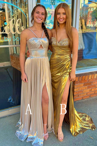 Charming A Line Sparkly Satin Long Prom Dress with Slit AB4011004