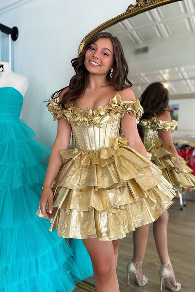 Cute A-Line Off the Shoulder Gold Satin Tiered Homecoming Dresses AB24081503