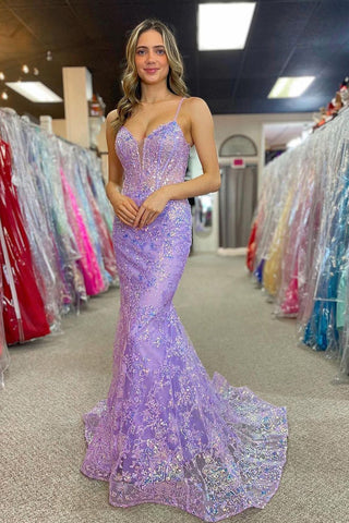Charming Mermaid Lilac V Neck Sequins Long Prom Dress AB4032503