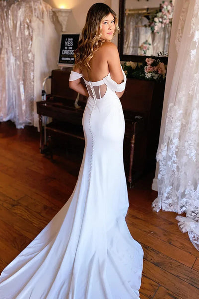 Elegant Mermaid Off the Shoulder Elastic Satin Long Beach Wedding Dresses AB24102002