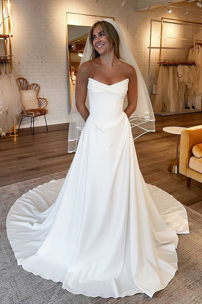 Fairy Sheath Scoop Neck Elastic Satin Long Wedding Dresses with Button AB24101303