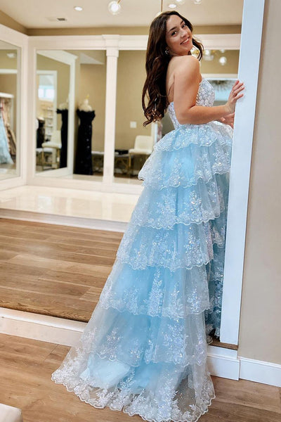 A-Line Strapless Light Blue Sequins Tulle Long Prom Dresses AB4030702