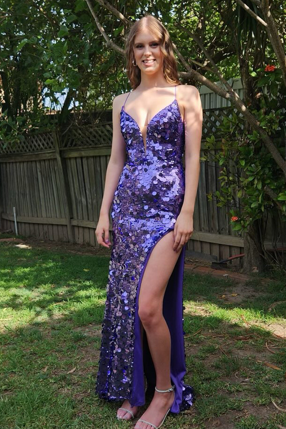 Cute Mermaid V Neck Purple Sequins Long Prom Dress with Slit AB24122801