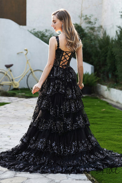 Gorgeous Ball Gown Off the Shoulder Black Sequins Tiered Tulle Prom Dress with Slit AB24121210