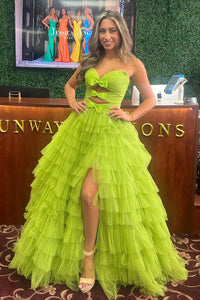 Chic A-Line Strapless Green Ruffle Tiered Tulle Long Prom Dress AB4050603