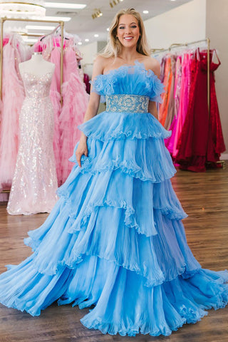 Fairy Ball Gown Strapless Blue Organza Long Prom Dresses with Beading AB102904