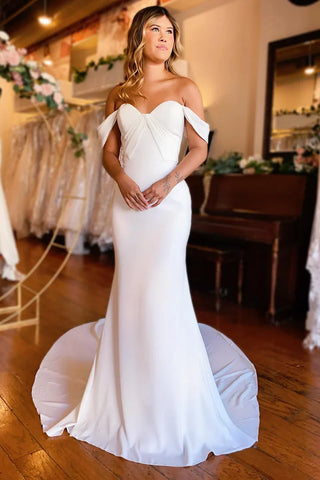 Elegant Mermaid Off the Shoulder Elastic Satin Long Beach Wedding Dresses AB24102002