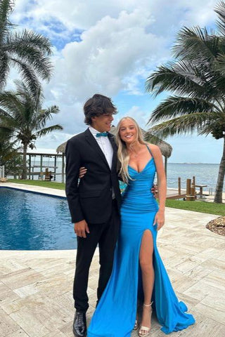 Charming Mermaid V Neck Blue Satin Prom Dress with Slit AB24121411