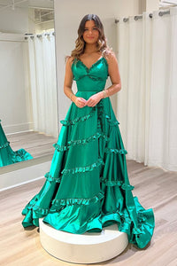 A-Line V Neck Green Satin Ruffle Long Prom Dress AB4021905